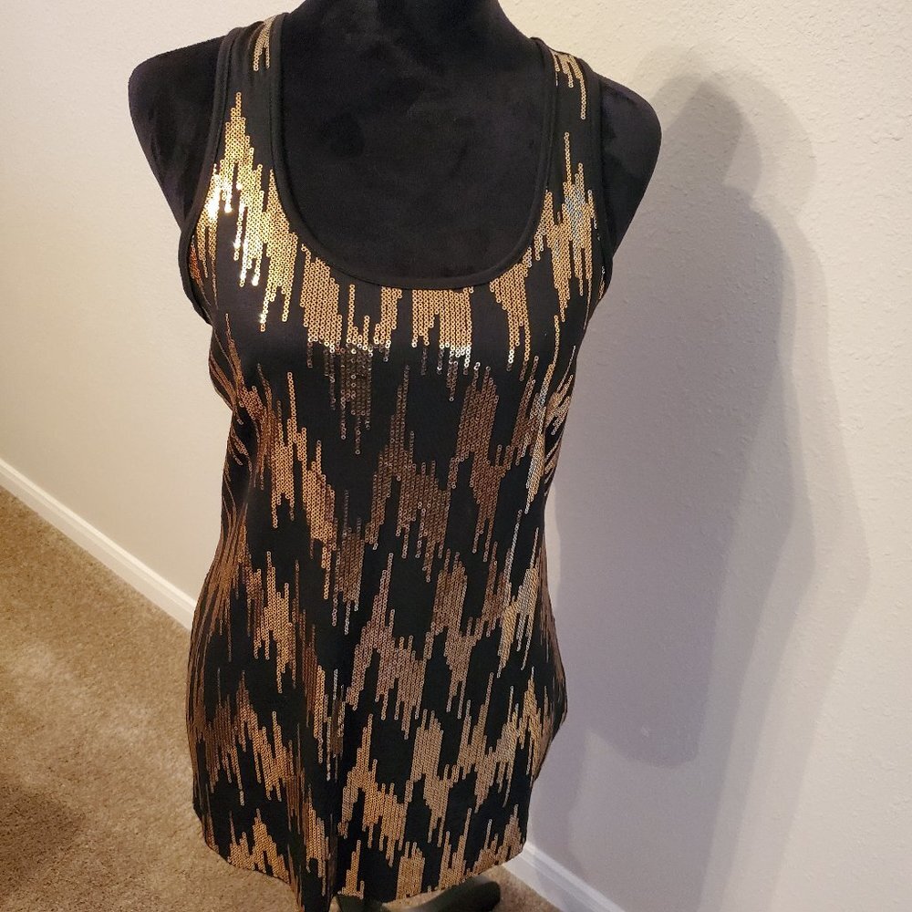 Caesars Black & Gold Sequin Racerback Sleeveless Tank Top, Size Large
